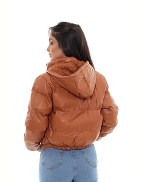 Jaqueta Puffer de Couro Feminina com Capuz e Interno Peluciado