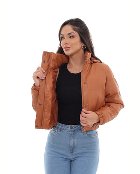 Jaqueta Puffer de Couro Feminina com Capuz e Interno Peluciado