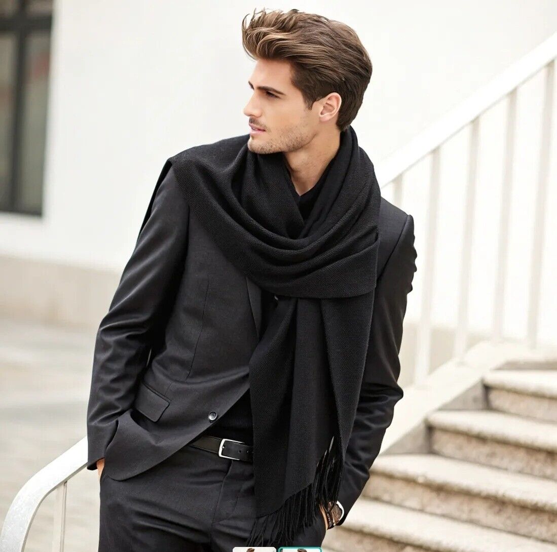 Cachecol Masculino de Inverno com Franja Preto